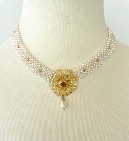 woven Pearl Necklace With Gold Plated - Silver Vintage Brooch with Garnet