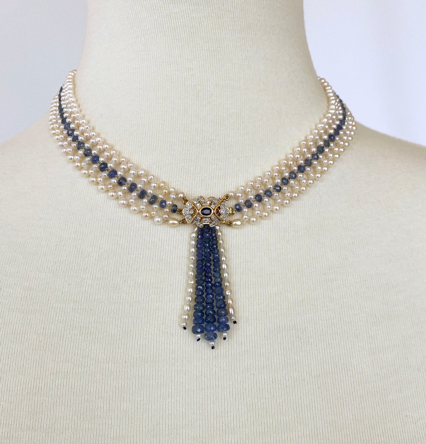 Woven Pearl and Sapphire Necklace with Diamond Centerpiece & 14K Gold