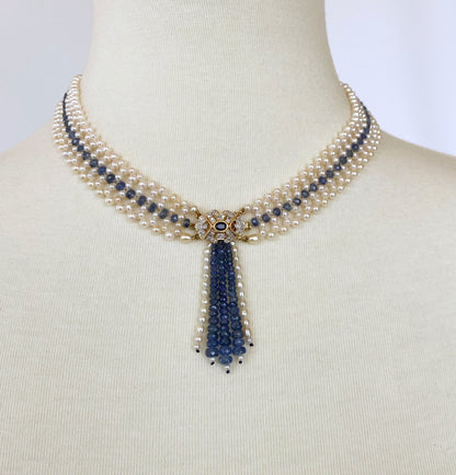 Woven Pearl and Sapphire Necklace with Diamond Centerpiece & 14K Gold