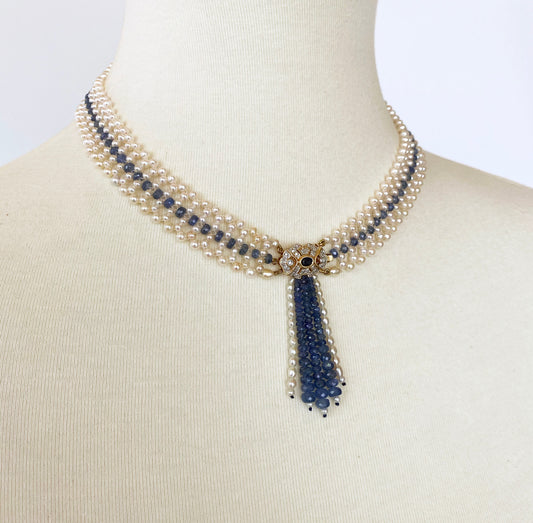 Woven Pearl and Sapphire Necklace with Diamond Centerpiece & 14K Gold