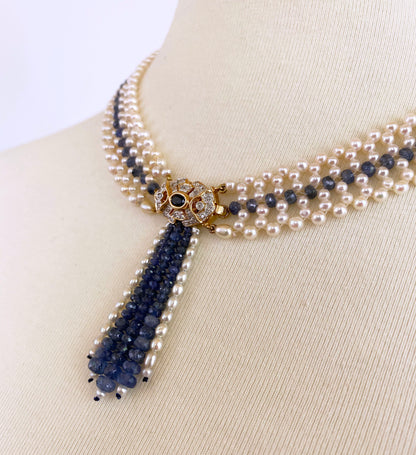 Woven Pearl and Sapphire Necklace with Diamond Centerpiece & 14K Gold