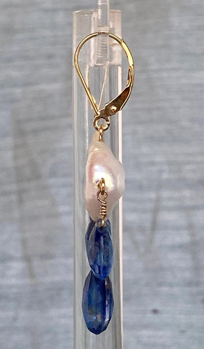 Flat Coin Pearl and Kyanite Drop Earrings with 14k Yellow Gold