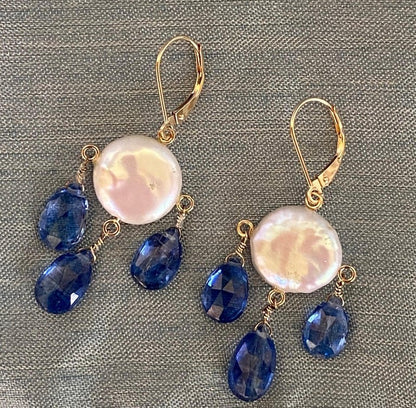 Flat Coin Pearl and Kyanite Drop Earrings with 14k Yellow Gold