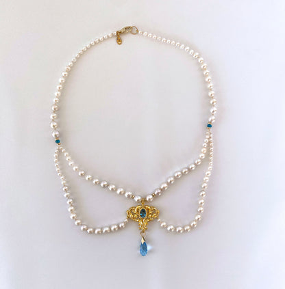 Marina J. London Blue Topaz, Pearl, 14K Yellow Gold & Victorian Pendant Necklace