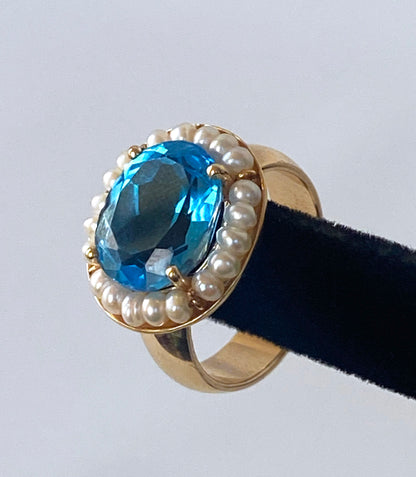Blue Topaz Ring with Seed Pearls and 14 Karat Gold Band
