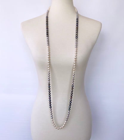 All Pearl, Long Ombre Necklace with 14k Yellow Gold