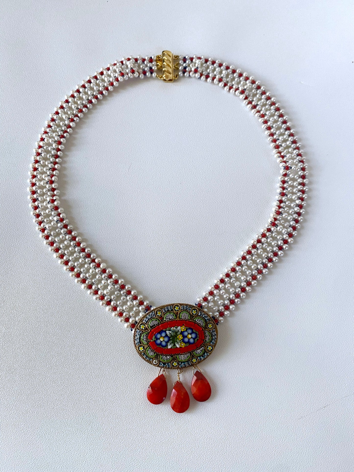 Mediterranean Coral, Pearl & Vintage Italian Mosaic Woven Necklace