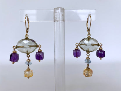 Amethyst, Citrine and Aquamarine Chandelier Earrings, 14K Yellow Gold