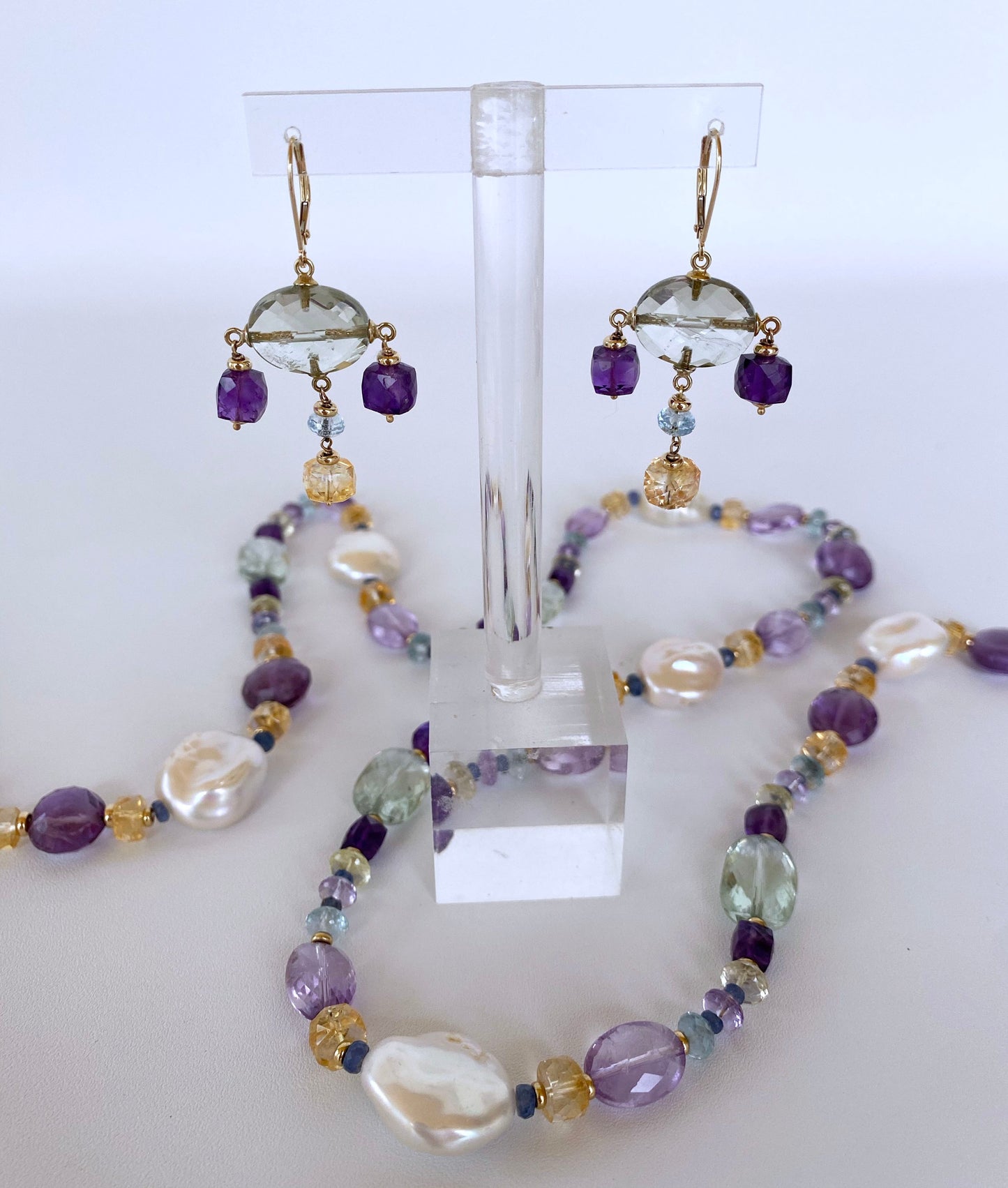Amethyst, Citrine and Aquamarine Chandelier Earrings, 14K Yellow Gold
