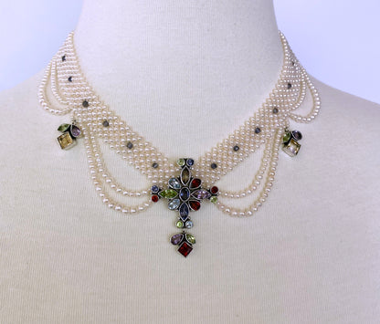 One of a Kind Woven Pearl Necklace and Multi Semi Precious Centerpiece