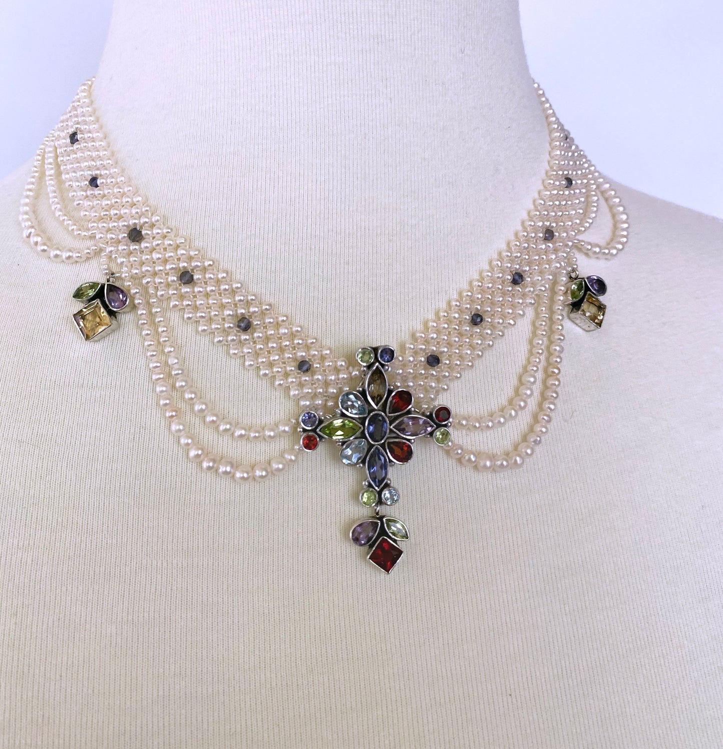 One of a Kind Woven Pearl Necklace and Multi Semi Precious Centerpiece