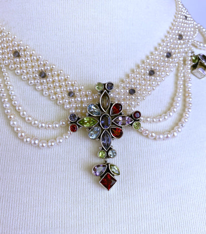 One of a Kind Woven Pearl Necklace and Multi Semi Precious Centerpiece