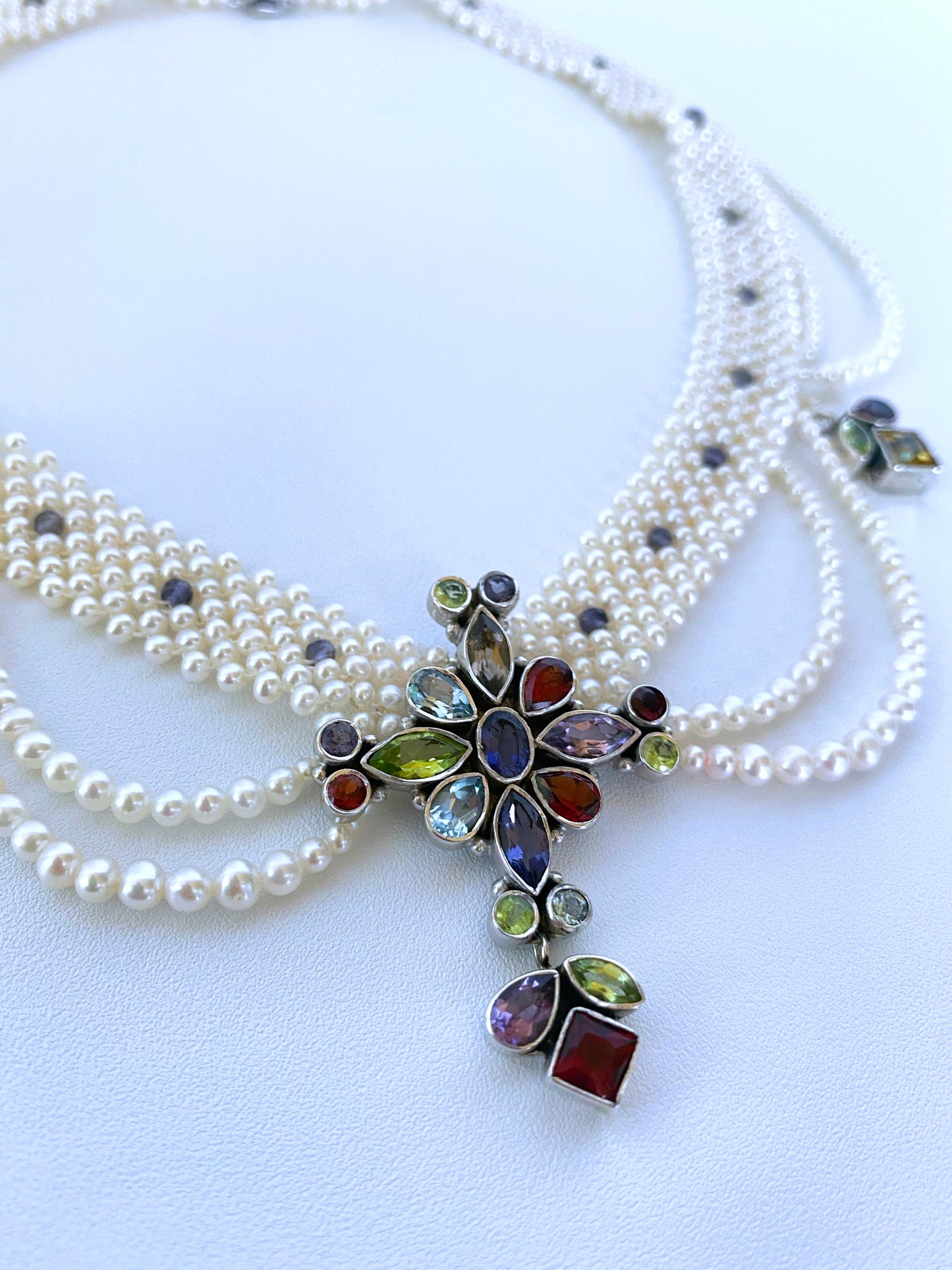 One of a Kind Woven Pearl Necklace and Multi Semi Precious Centerpiece