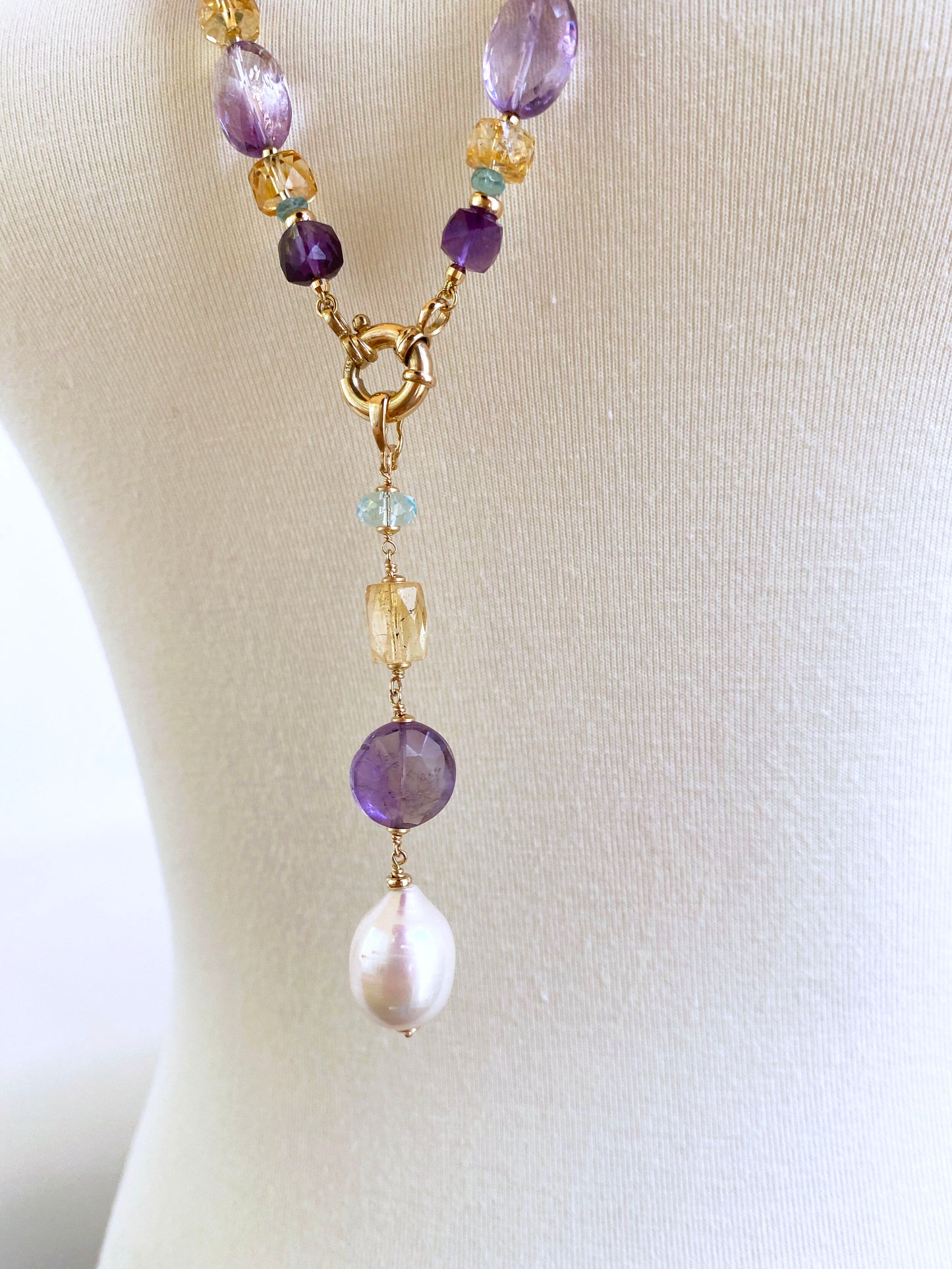 Multi Jewel and Pearl Sautoir with Drop Tassel and 14K Yellow Gold