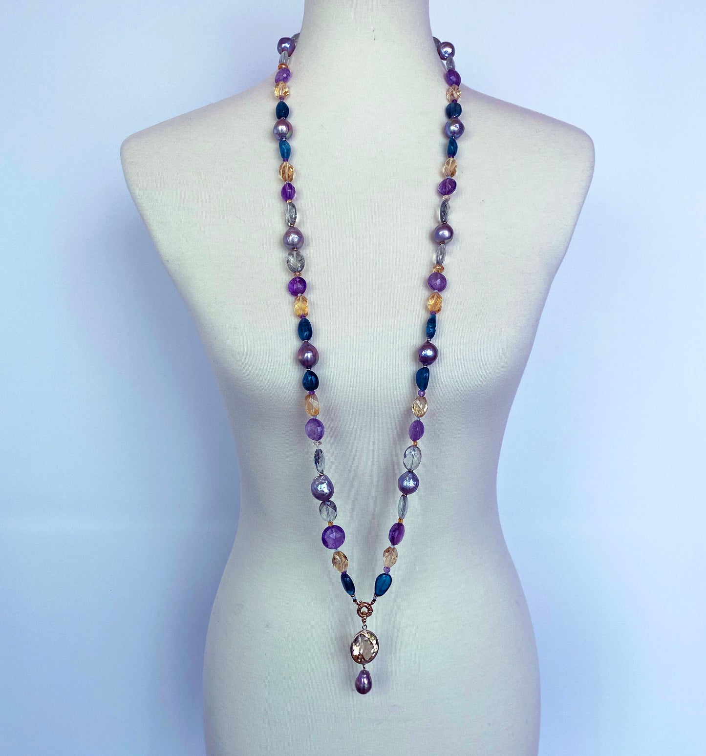 Pearl, Amethyst & Citrine Necklace with 14k Gold & Removable Pendant