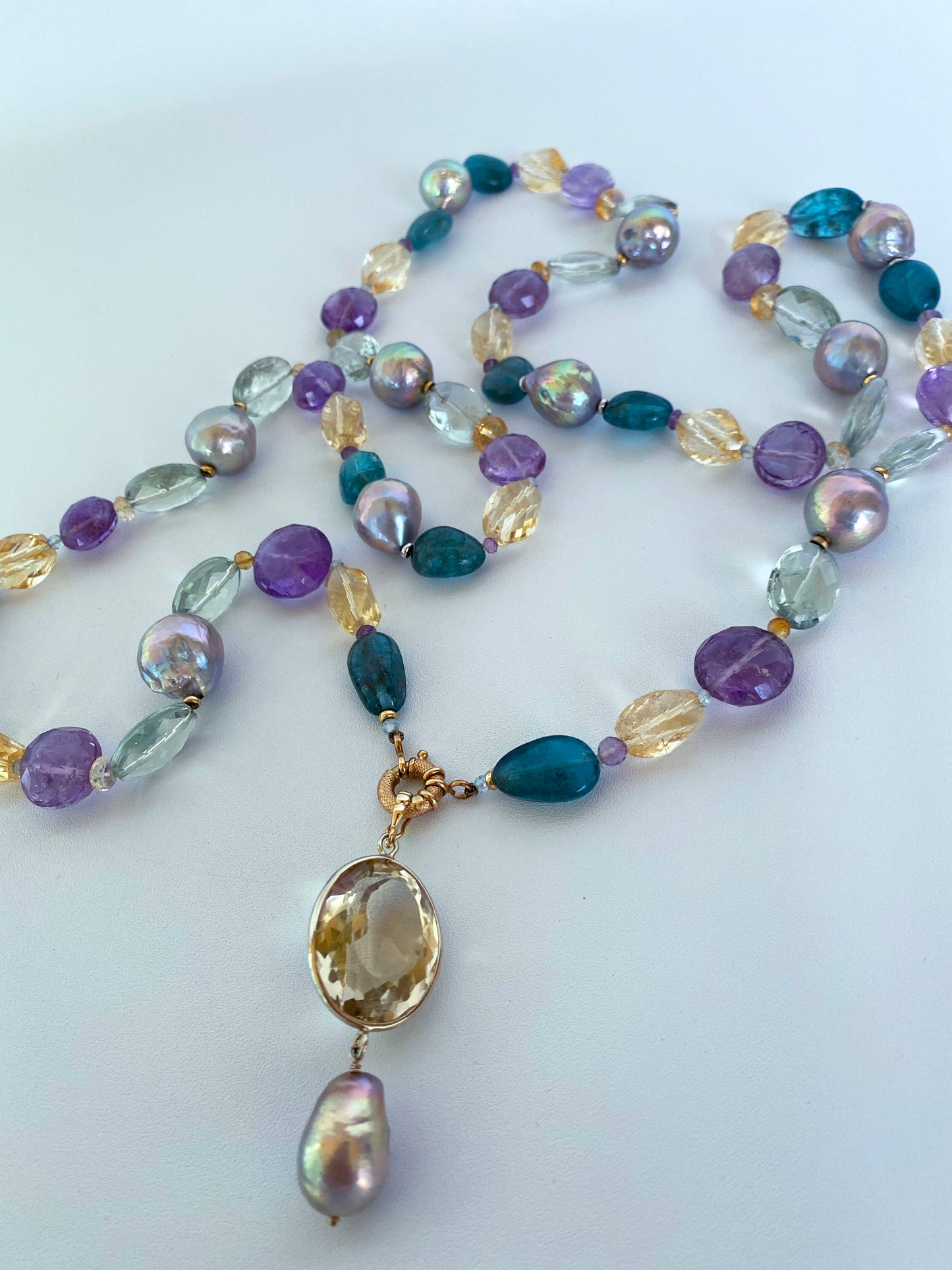 Pearl, Amethyst & Citrine Necklace with 14k Gold & Removable Pendant