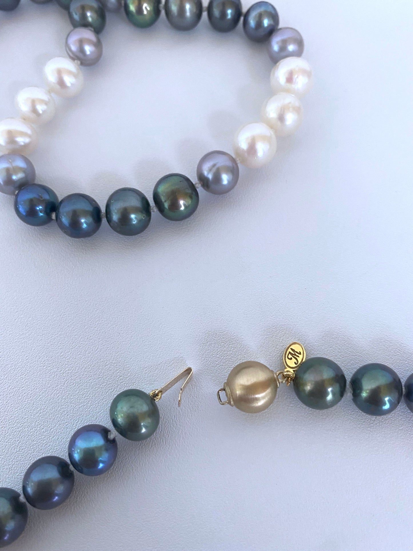 Ombre  Pearl Strung Necklace with 14k Yellow Gold