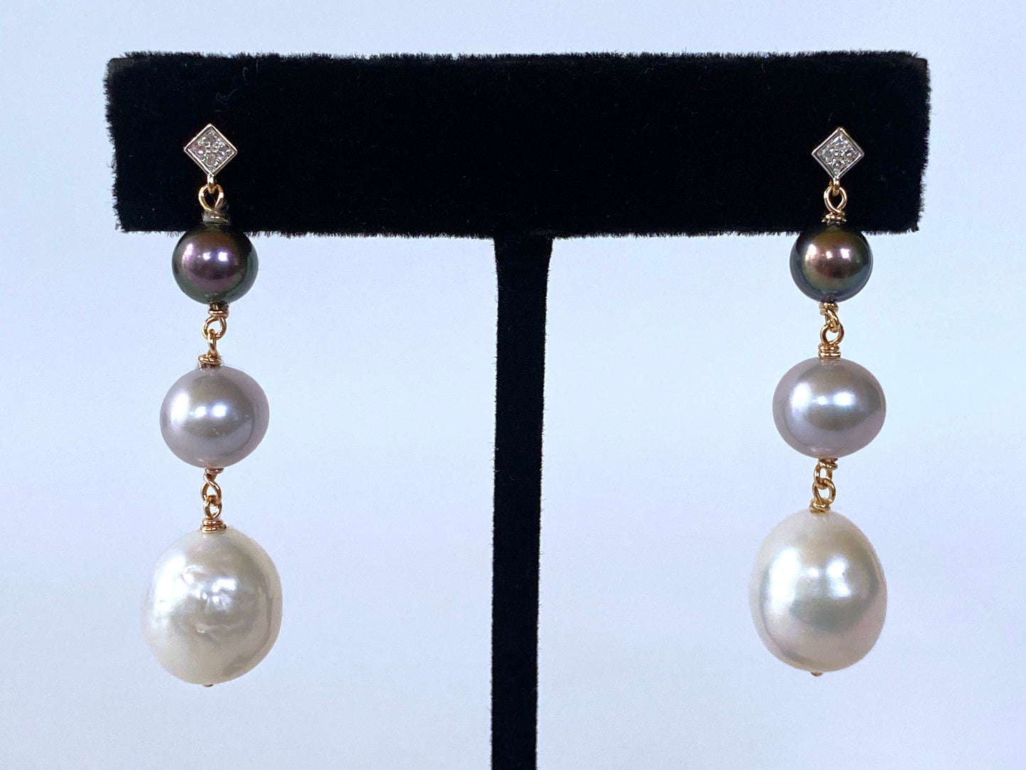 Graduated Diamond, 14k and Pearl Ombre Earrings