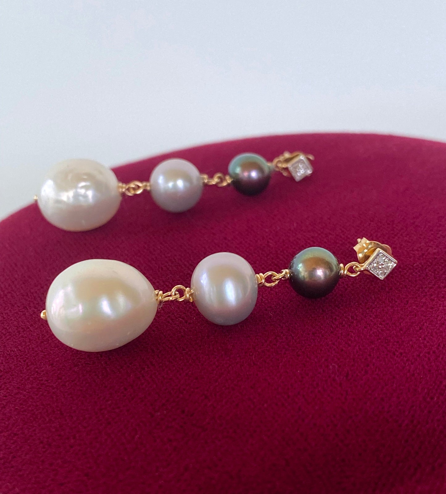 Graduated Diamond, 14k and Pearl Ombre Earrings