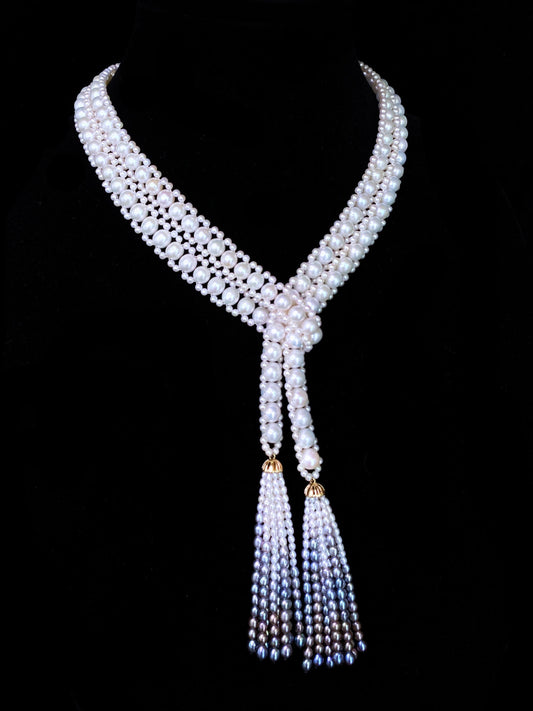 Woven Pearl Sautoir with Graduated Ombre Tassels and 14K Yellow Gold