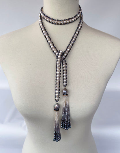 Marina J. White, Black and Grey Pearl Sautoir with Ombre Graduated Tassels