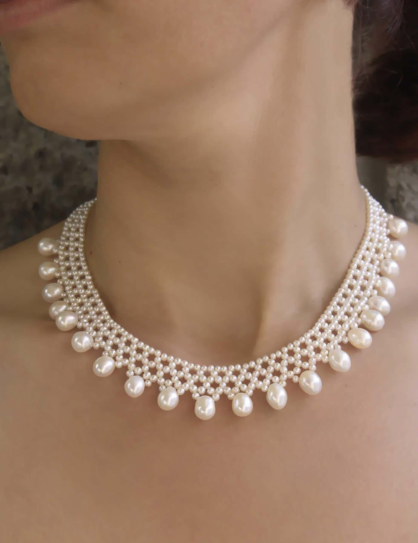 Woven Pearl Necklace with Pearl Drops at 14k Yellow Gold