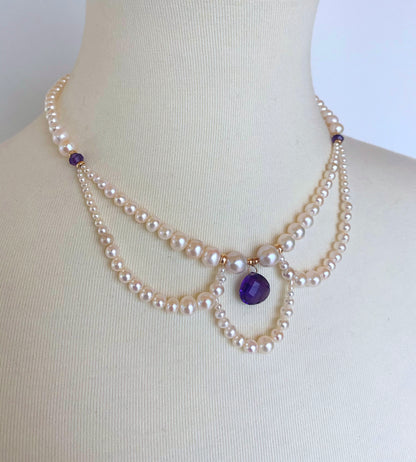 Marina J. Graduated Pearl Necklace with Teardrop Amethyst and 14K Yellow Gold