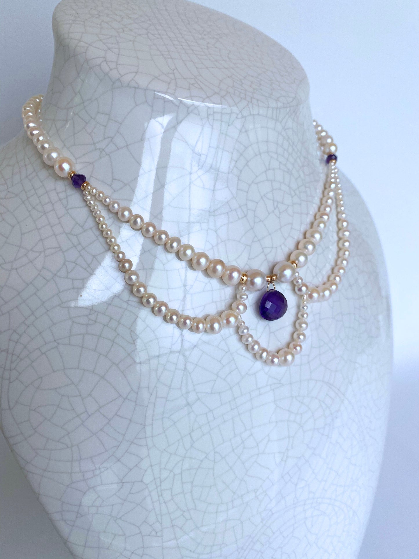 Marina J. Graduated Pearl Necklace with Teardrop Amethyst and 14K Yellow Gold
