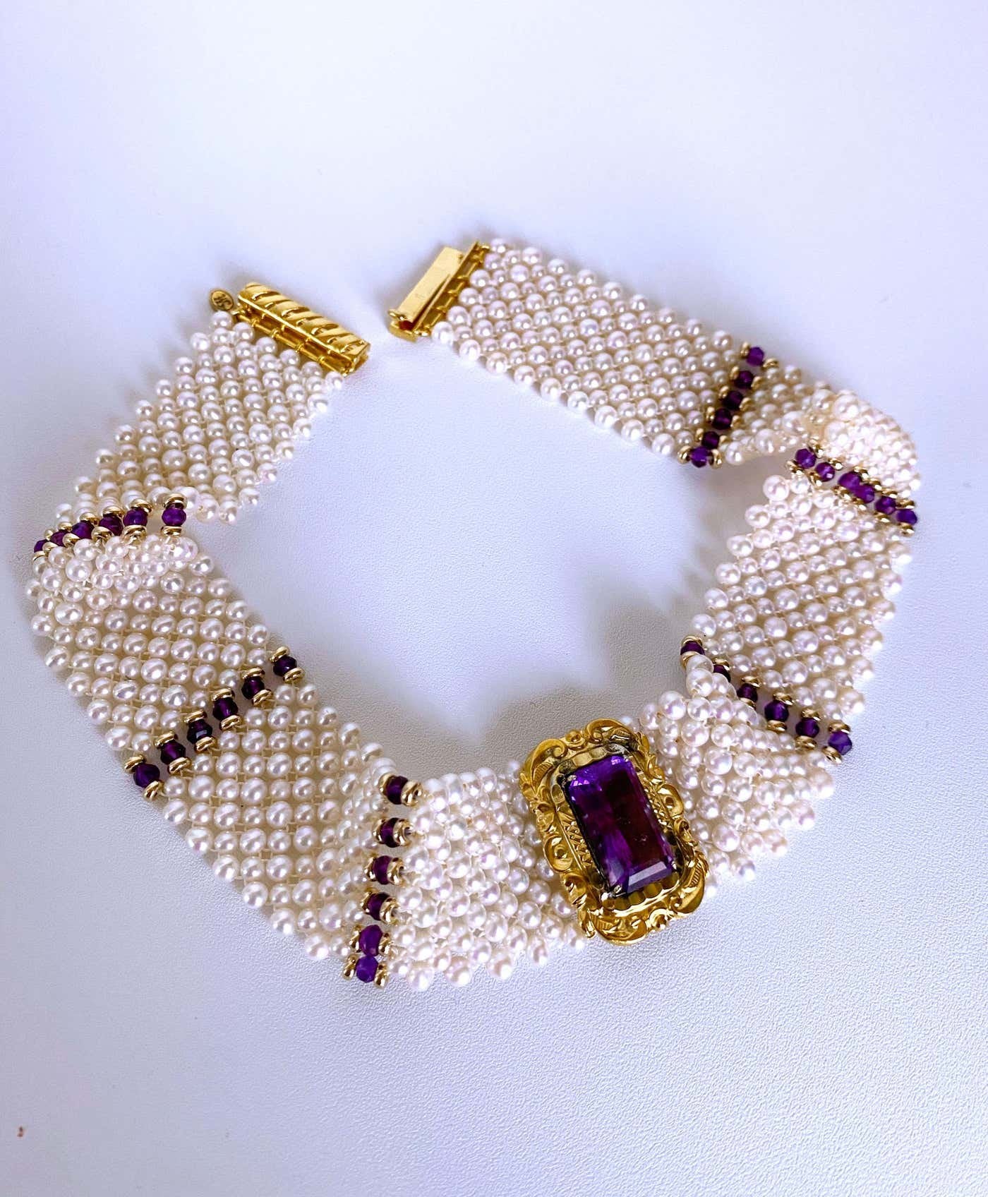 Pearl, Amethyst and Vintage Centerpiece Choker with 14k Yellow Gold