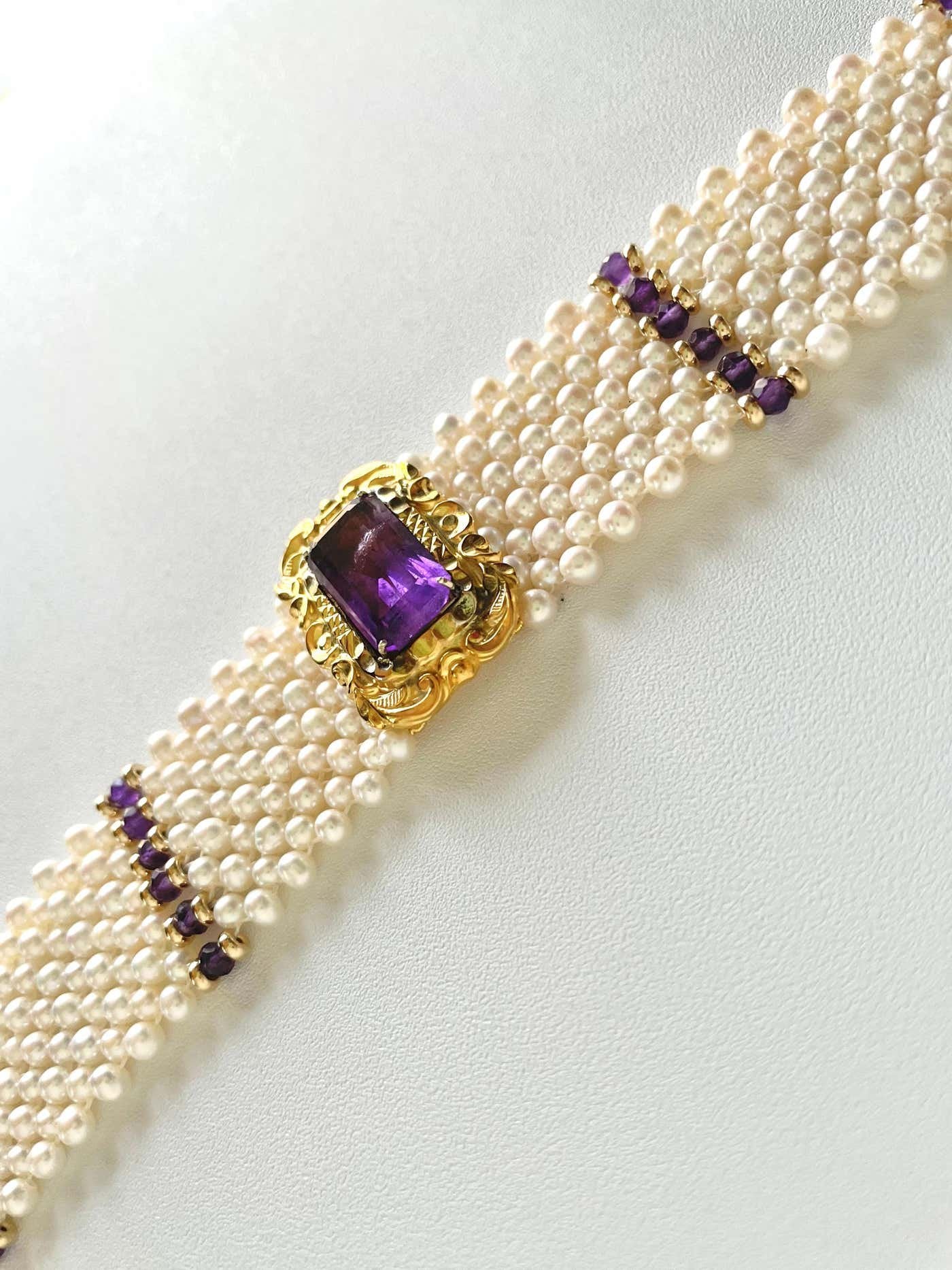 Pearl, Amethyst and Vintage Centerpiece Choker with 14k Yellow Gold