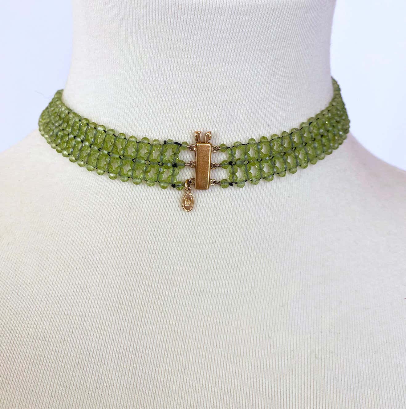 Woven Peridot Necklace with 14K Yellow Gold Clasp & Garnet Brooch