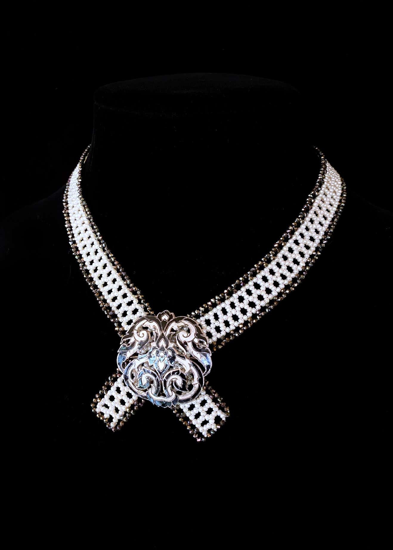 Woven White Pearl & Black Spinel Collar Necklace with Sliding Clasp & Brooch