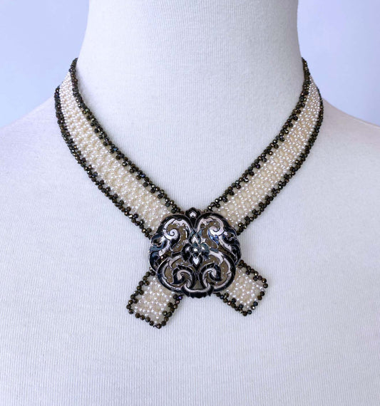Woven White Pearl & Black Spinel Collar Necklace with Sliding Clasp & Brooch