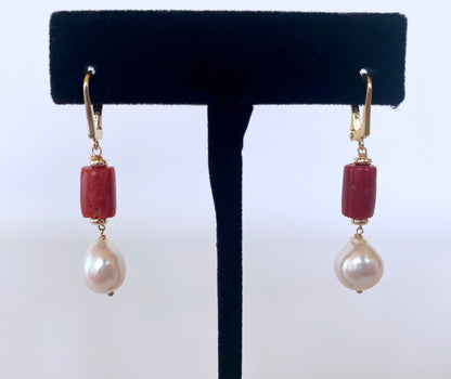 Mediterranean Coral, Pearl and 14K Yellow Gold Lever Back Earrings