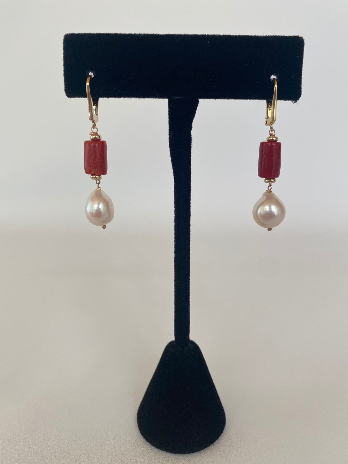 Mediterranean Coral, Pearl and 14K Yellow Gold Lever Back Earrings