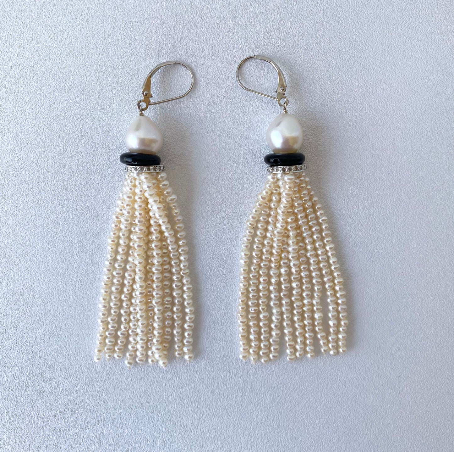 Pearl Tassel Earrings with Onyx and Diamond Encrusted 14k White Gold