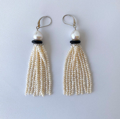 Pearl Tassel Earrings with Onyx and Diamond Encrusted 14k White Gold