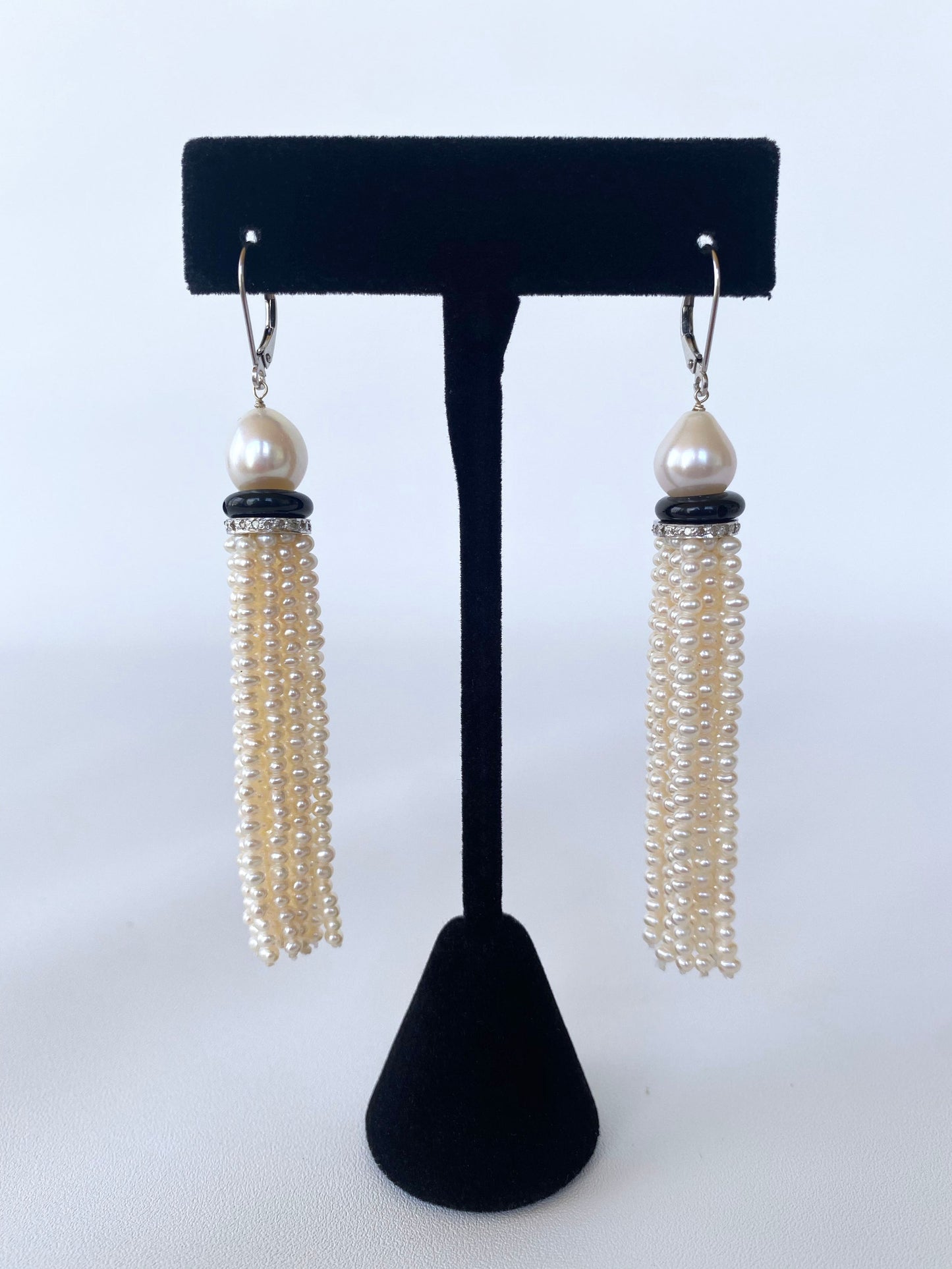 Pearl Tassel Earrings with Onyx and Diamond Encrusted 14k White Gold