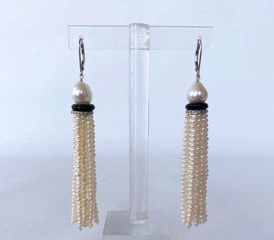 Pearl Tassel Earrings with Onyx and Diamond Encrusted 14k White Gold