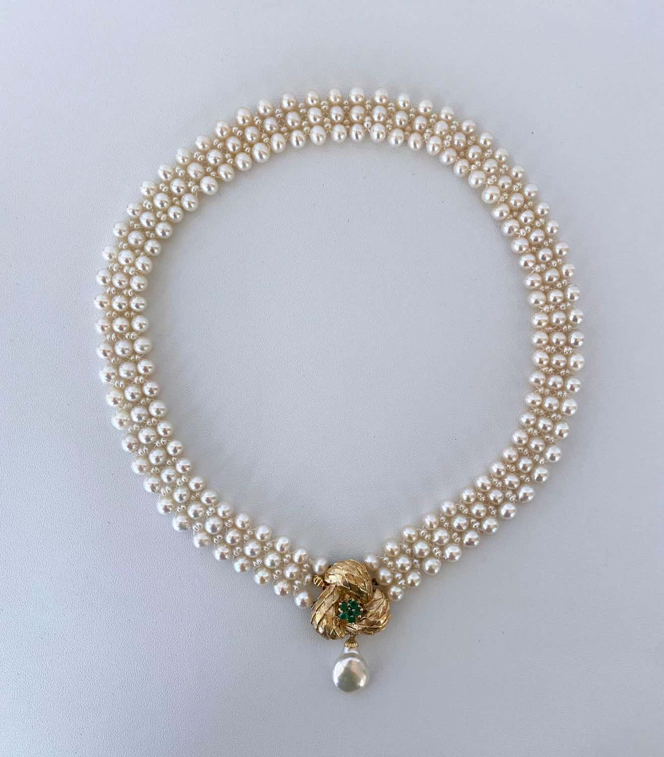 Pearl Necklace with Vintage 14k Yellow Gold and Emerald Center-Clasp