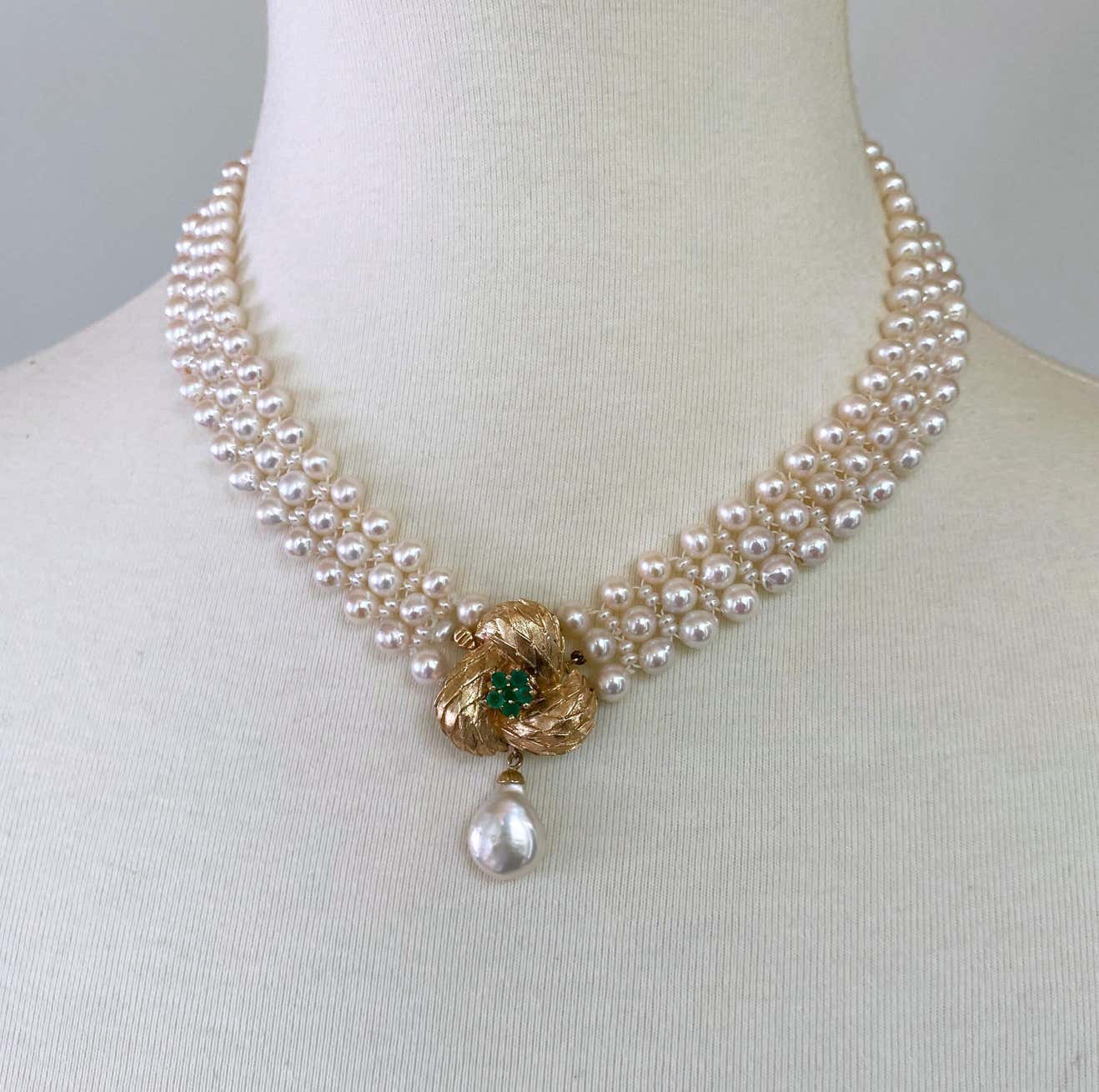 Pearl Necklace with Vintage 14k Yellow Gold and Emerald Center-Clasp