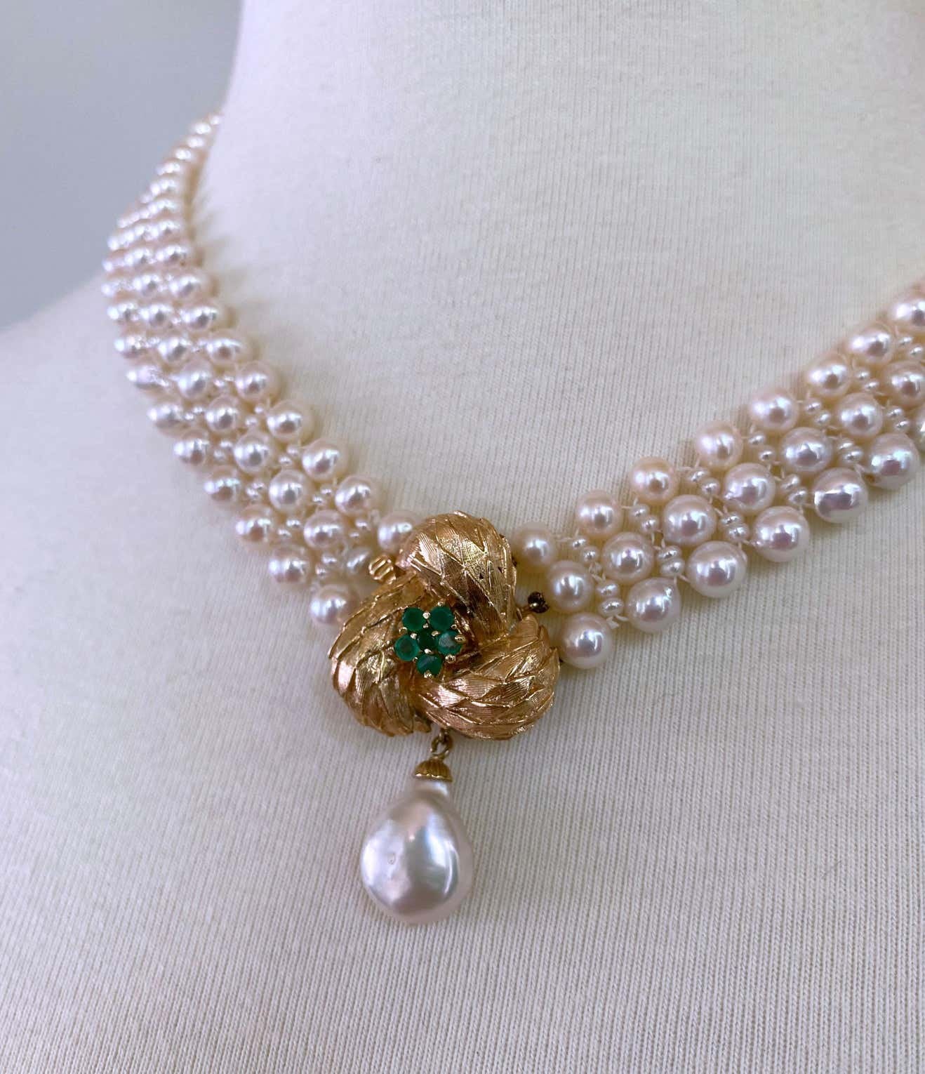 Pearl Necklace with Vintage 14k Yellow Gold and Emerald Center-Clasp