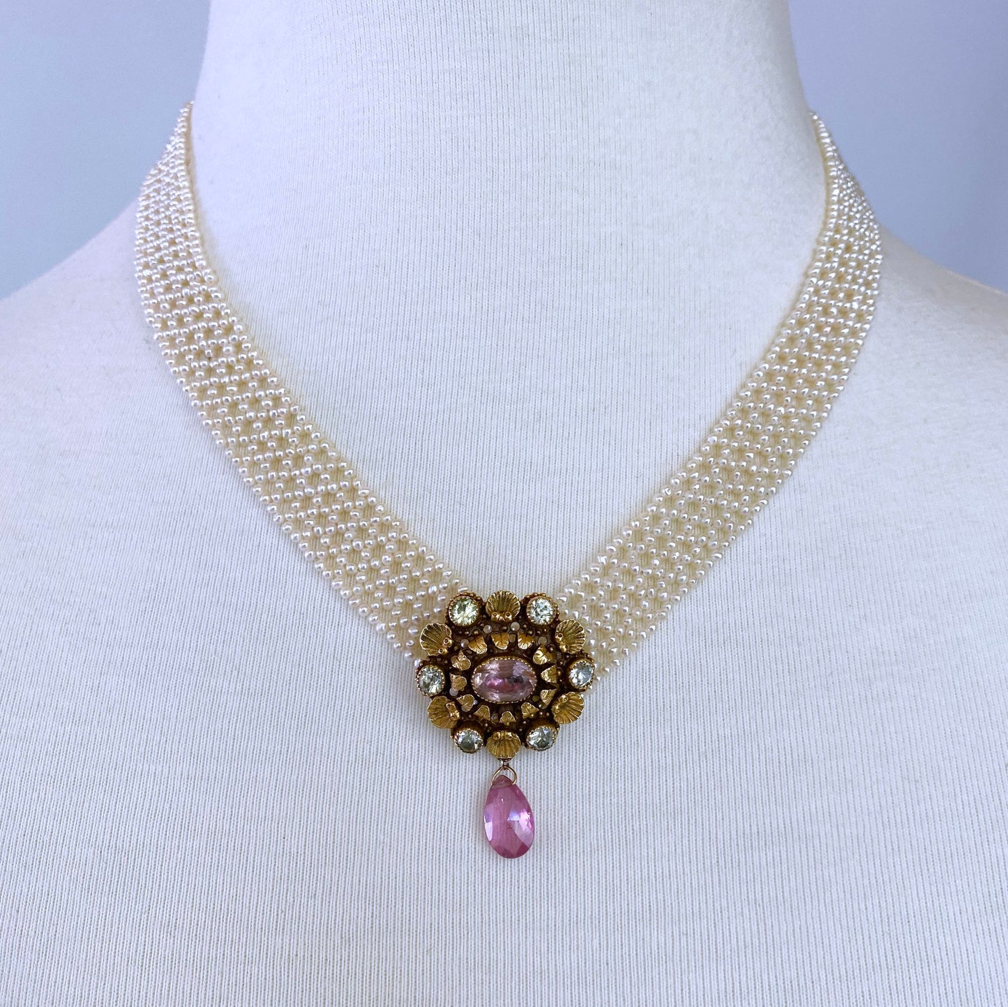 Woven Pearl "V" Necklace with Antique Diamond Clasp & Brooch