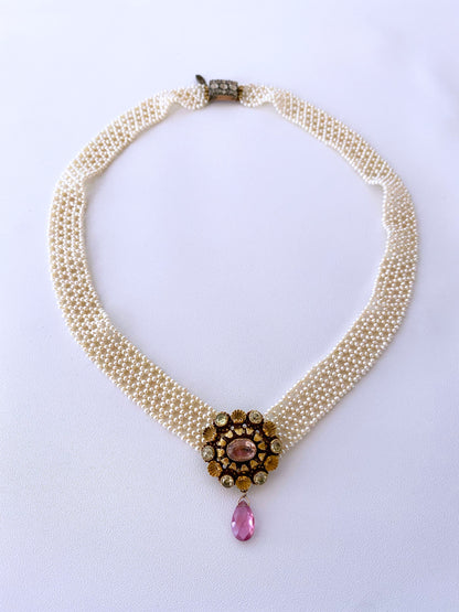 Woven Pearl "V" Necklace with Antique Diamond Clasp & Brooch