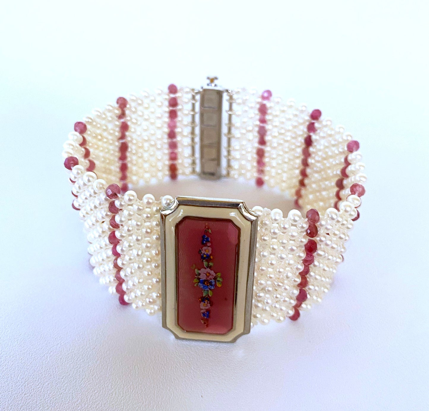 Pearl and Ruby Bracelet with 1940s Vintage Enameled Centerpiece