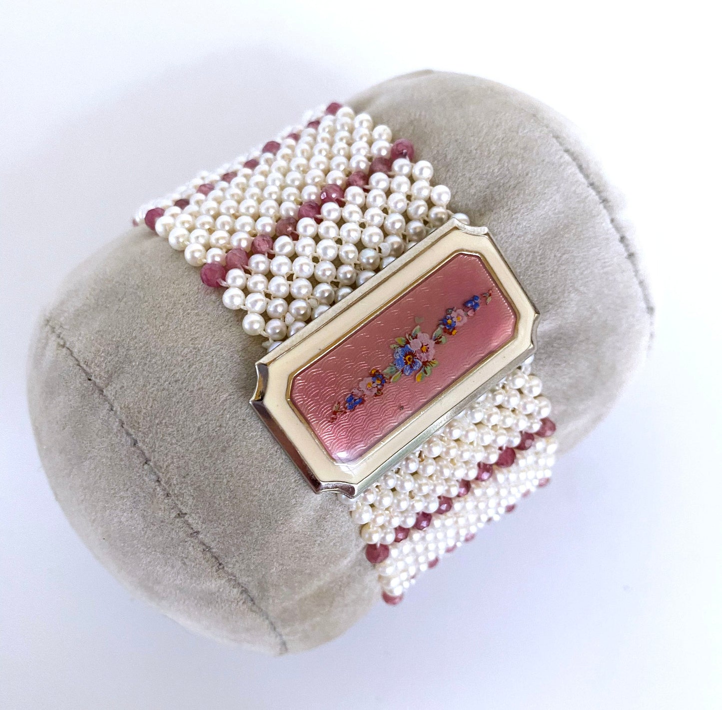 Pearl and Ruby Bracelet with 1940s Vintage Enameled Centerpiece