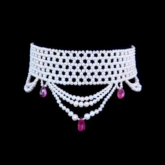 Valentine Pink Sapphire & Pearl Woven Choker with Rhodium Plated Silver Clasp