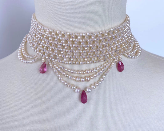 Pink Sapphire & Pearl Woven Choker with Rhodium Plated Silver Clasp