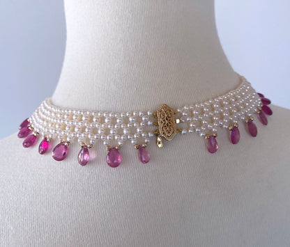 Ultimate Valentine's Pink Sapphire & Pearl Necklace, 14k Yellow Gold