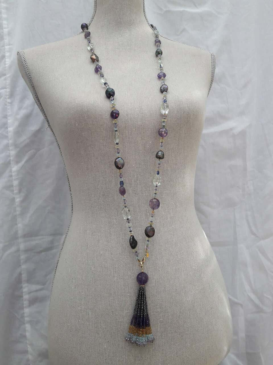 Marina J Black Pearl Sautoir with Semi-Precious Beads, gold parts and tassel